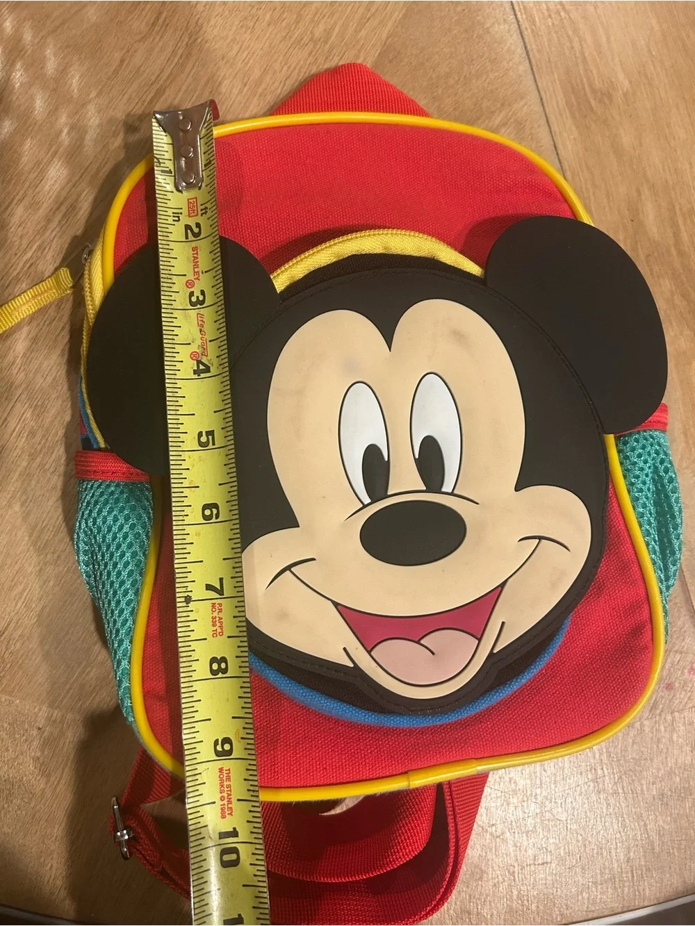 Disney Red Mickey Mouse Kids Backpack with Teal Pockets and Yellow Trim